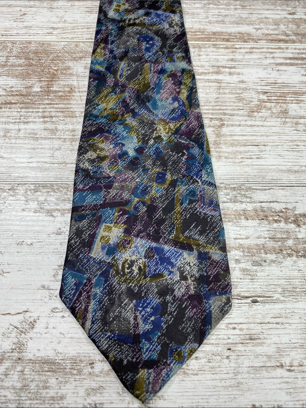 Oakton Ltd Silk Tie Abstract Art Blue Purple USA Made Italian Fabric Wide 4”
